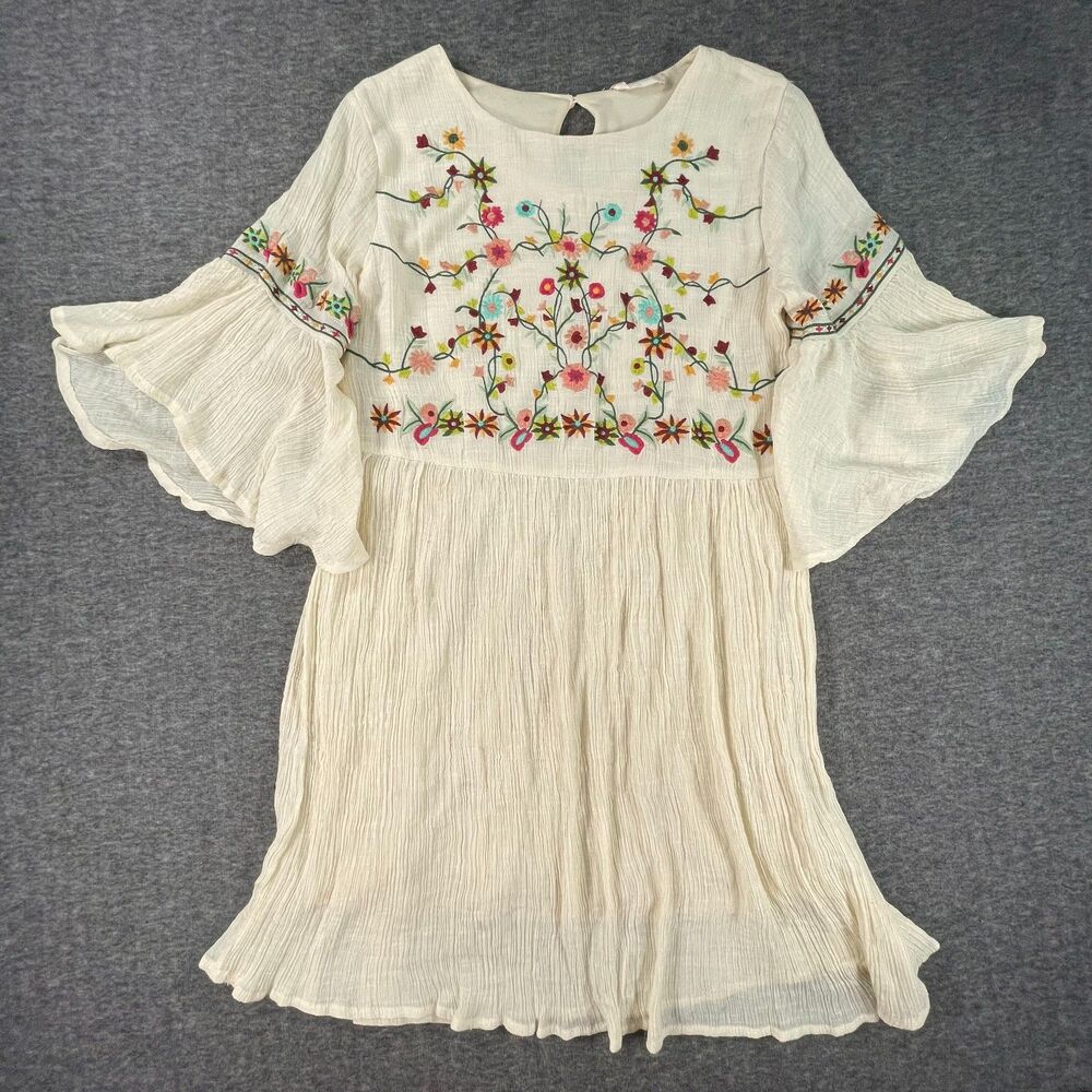Altar'd State Embroidered Floral Bell Sleeve Boho Dress Small Cream Cottagecore - Picture 11 of 12